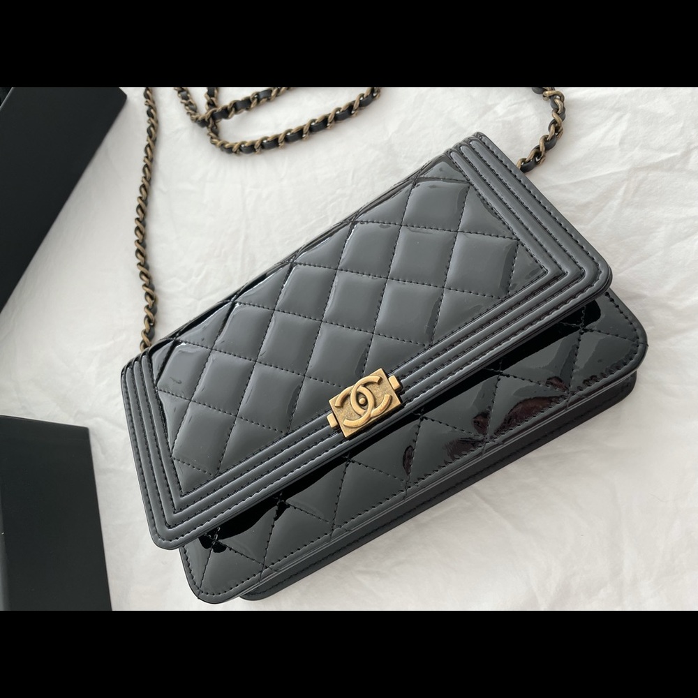 •SOLD to Fashionphile• CHANEL Patent Boy Wallet On Chain WOC Black - Picture 2 of 16